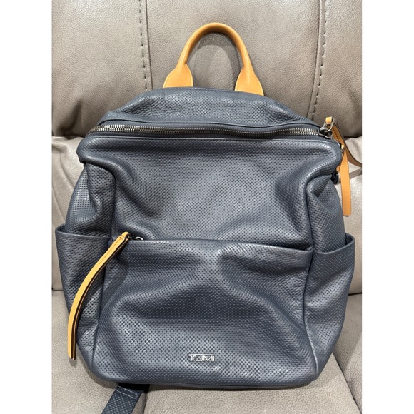 Tumi Perforated Leather Backpack Navy Blue Tan Leather Straps